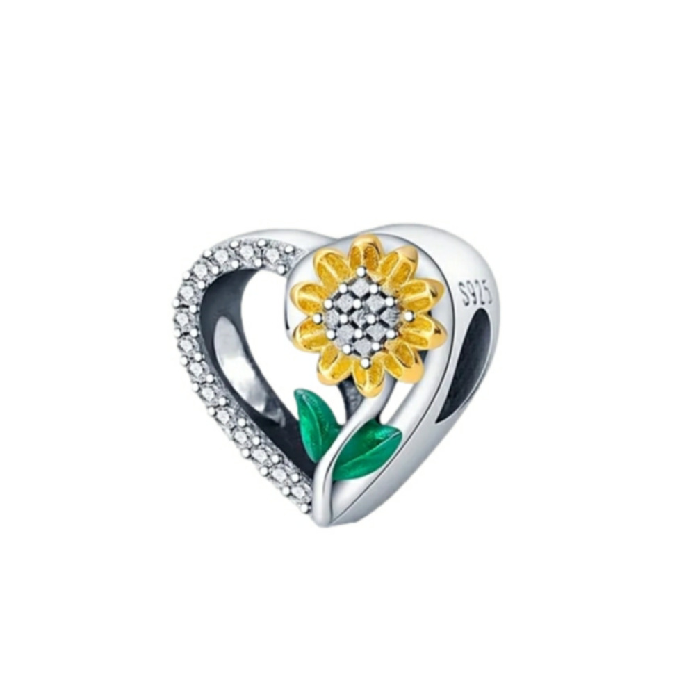 Charm for Bracelet Sunflower Heart Sterling Silver 925 Lucky Love Jewelry Gift